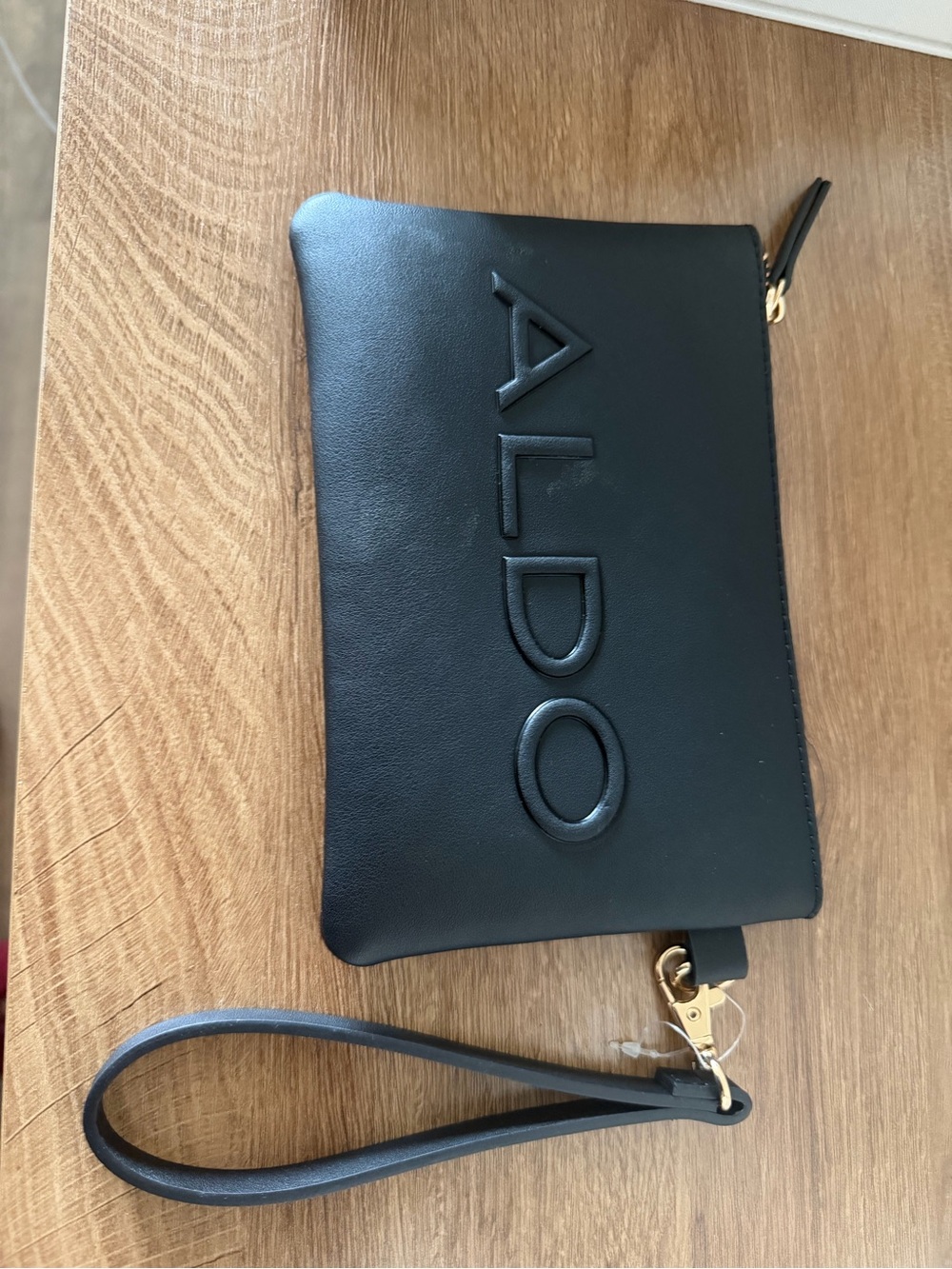 Aldo Black Embossed Leather Wristlet Clutch with Gold Hardware